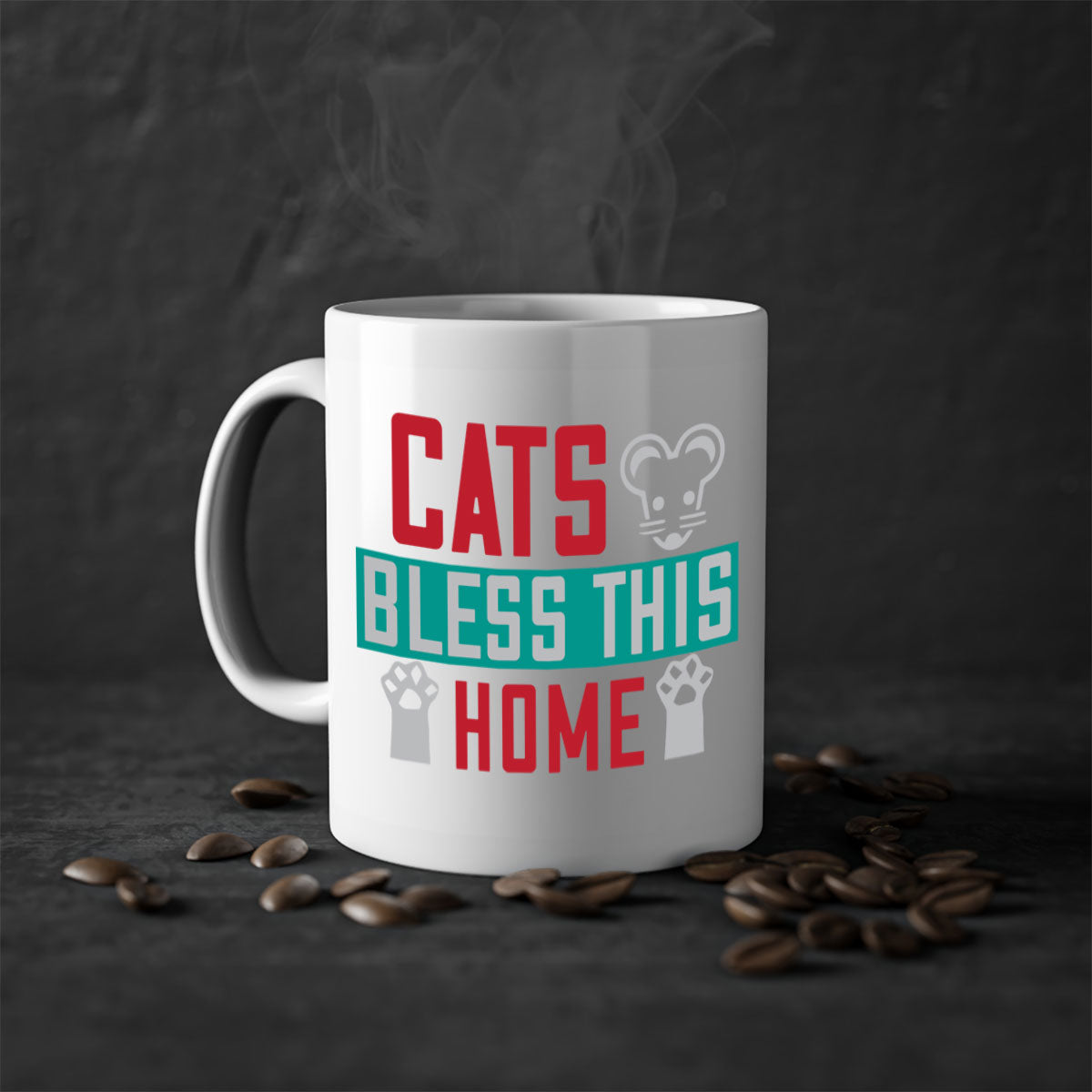 Ceramic 'Cats Bless This Home' mug with a glossy finish, featuring a colored handle and interior, available in multiple colors.