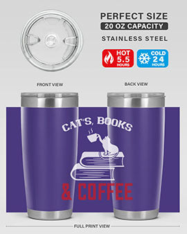 Cats Book and Coffee Style 37# Tumbler featuring a double wall vacuum design, perfect for keeping drinks hot or cold.