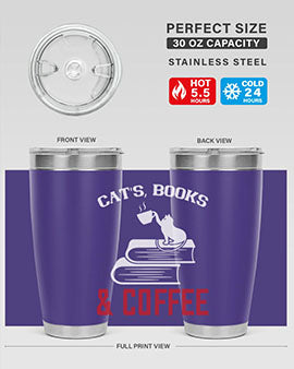Cats Book and Coffee Style 37# Tumbler featuring a double wall vacuum design, perfect for keeping drinks hot or cold.