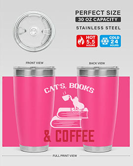 Cats Book and Coffee Style 37# Tumbler featuring a double wall vacuum design, perfect for keeping drinks hot or cold.