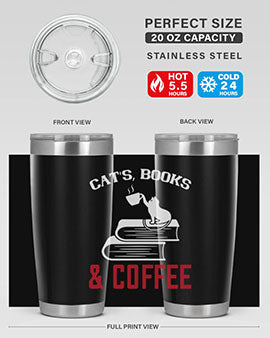 Cats Book and Coffee Style 37# Tumbler featuring a double wall vacuum design, perfect for keeping drinks hot or cold.