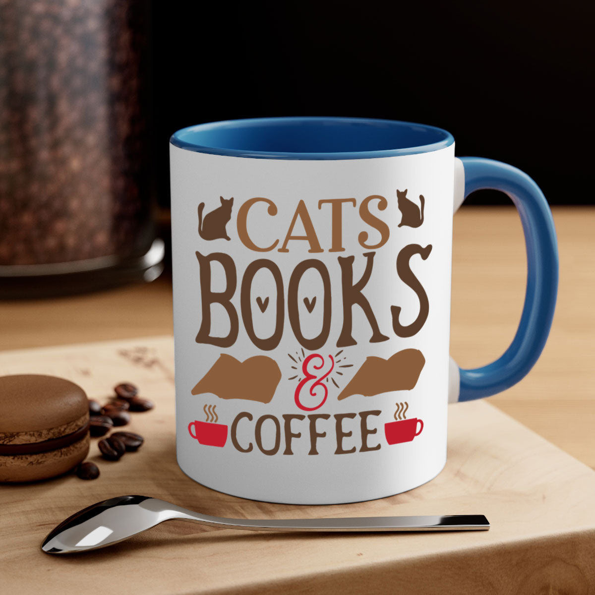 Cats Books Coffee Style 9# Mug featuring a two-tone design with a colored handle and glossy finish, available in multiple colors.