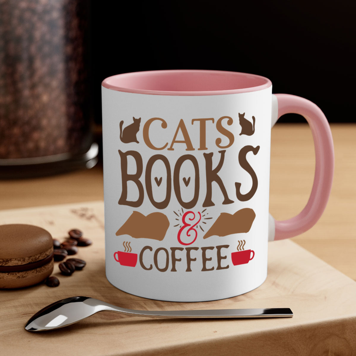 Cats Books Coffee Style 9# Mug featuring a two-tone design with a colored handle and glossy finish, available in multiple colors.