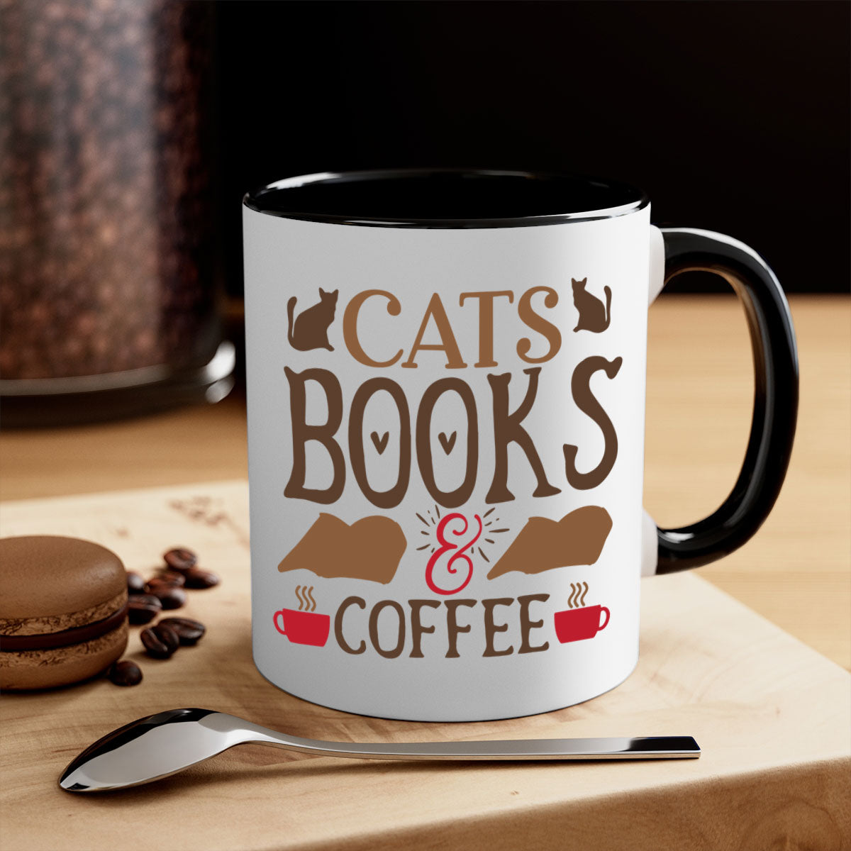 Cats Books Coffee Style 9# Mug featuring a two-tone design with a colored handle and glossy finish, available in multiple colors.