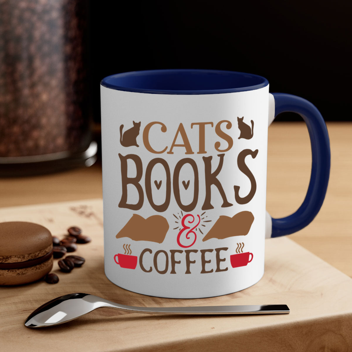 Cats Books Coffee Style 9# Mug featuring a two-tone design with a colored handle and glossy finish, available in multiple colors.