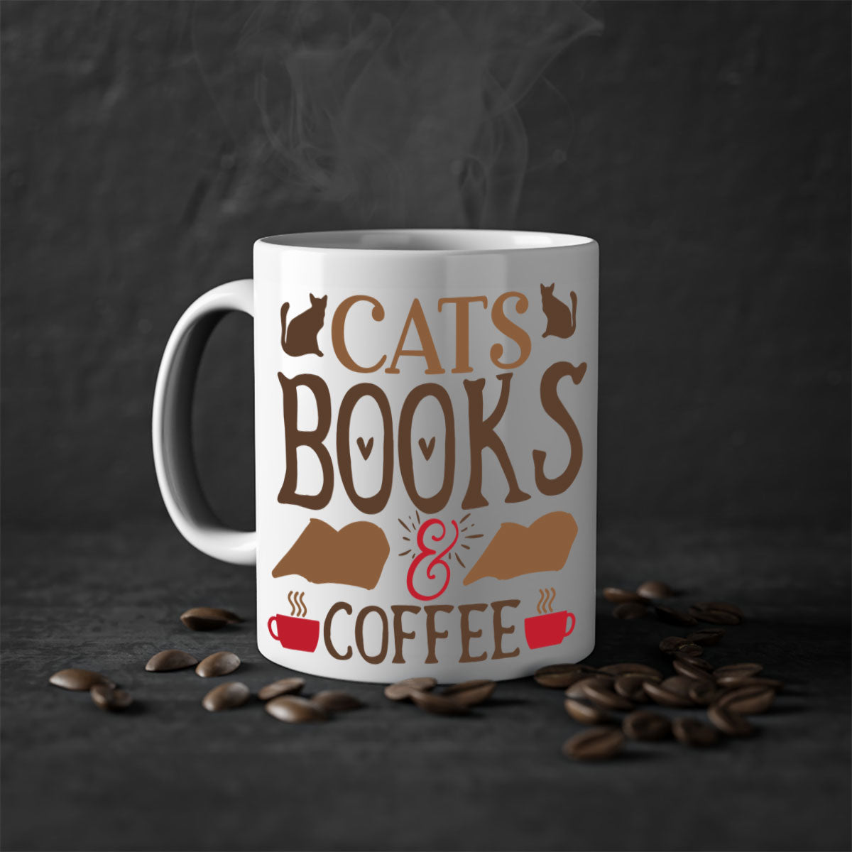 Cats Books Coffee Style 9# Mug featuring a two-tone design with a colored handle and glossy finish, available in multiple colors.