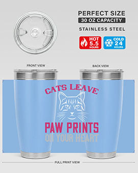 A stylish 20oz and 30oz tumbler featuring a cat-themed design that says 'Cats Leave Paw Prints on Your Heart', made of stainless steel.