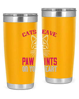 A stylish 20oz and 30oz tumbler featuring a cat-themed design that says 'Cats Leave Paw Prints on Your Heart', made of stainless steel.