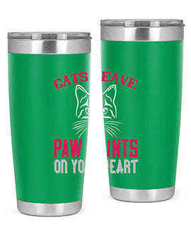 A stylish 20oz and 30oz tumbler featuring a cat-themed design that says 'Cats Leave Paw Prints on Your Heart', made of stainless steel.