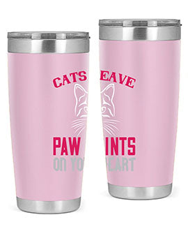 A stylish 20oz and 30oz tumbler featuring a cat-themed design that says 'Cats Leave Paw Prints on Your Heart', made of stainless steel.