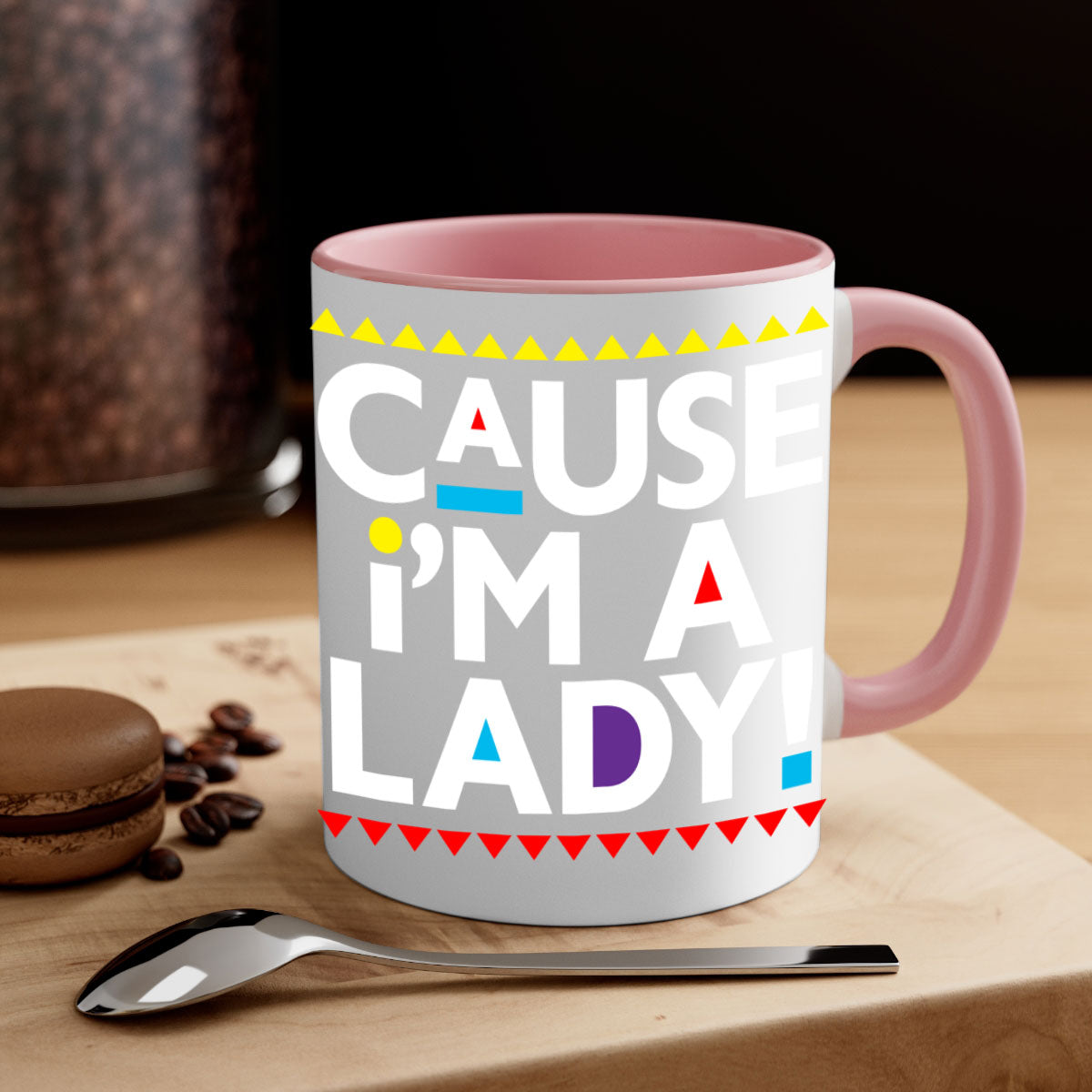 Causeimalady 189# black words phrases mug with colored handle and glossy finish, available in multiple colors and sizes.