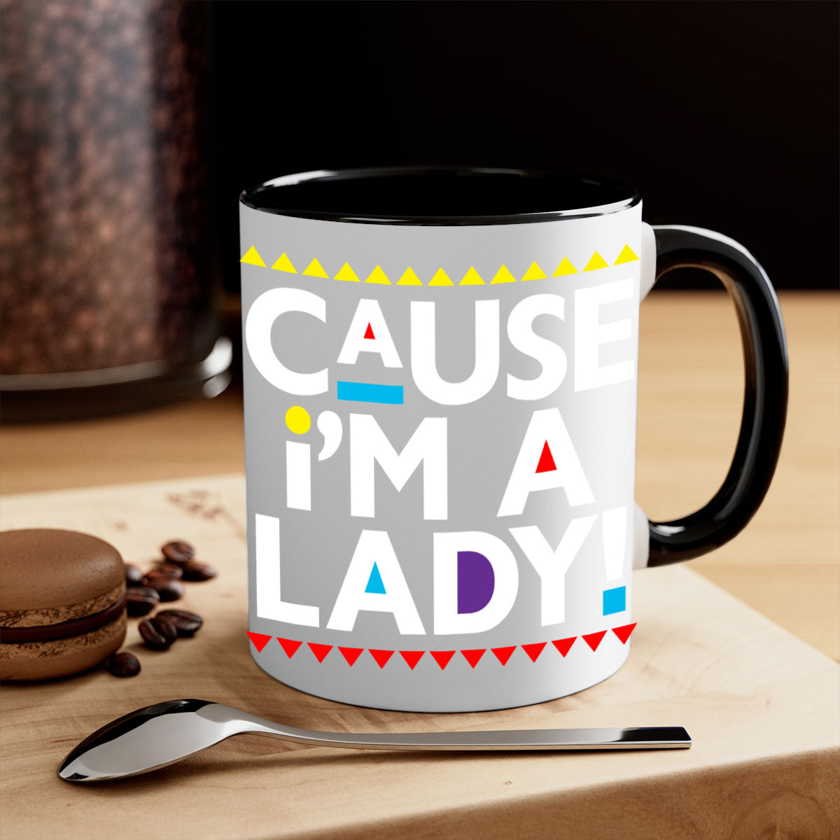 Causeimalady 189# black words phrases mug with colored handle and glossy finish, available in multiple colors and sizes.
