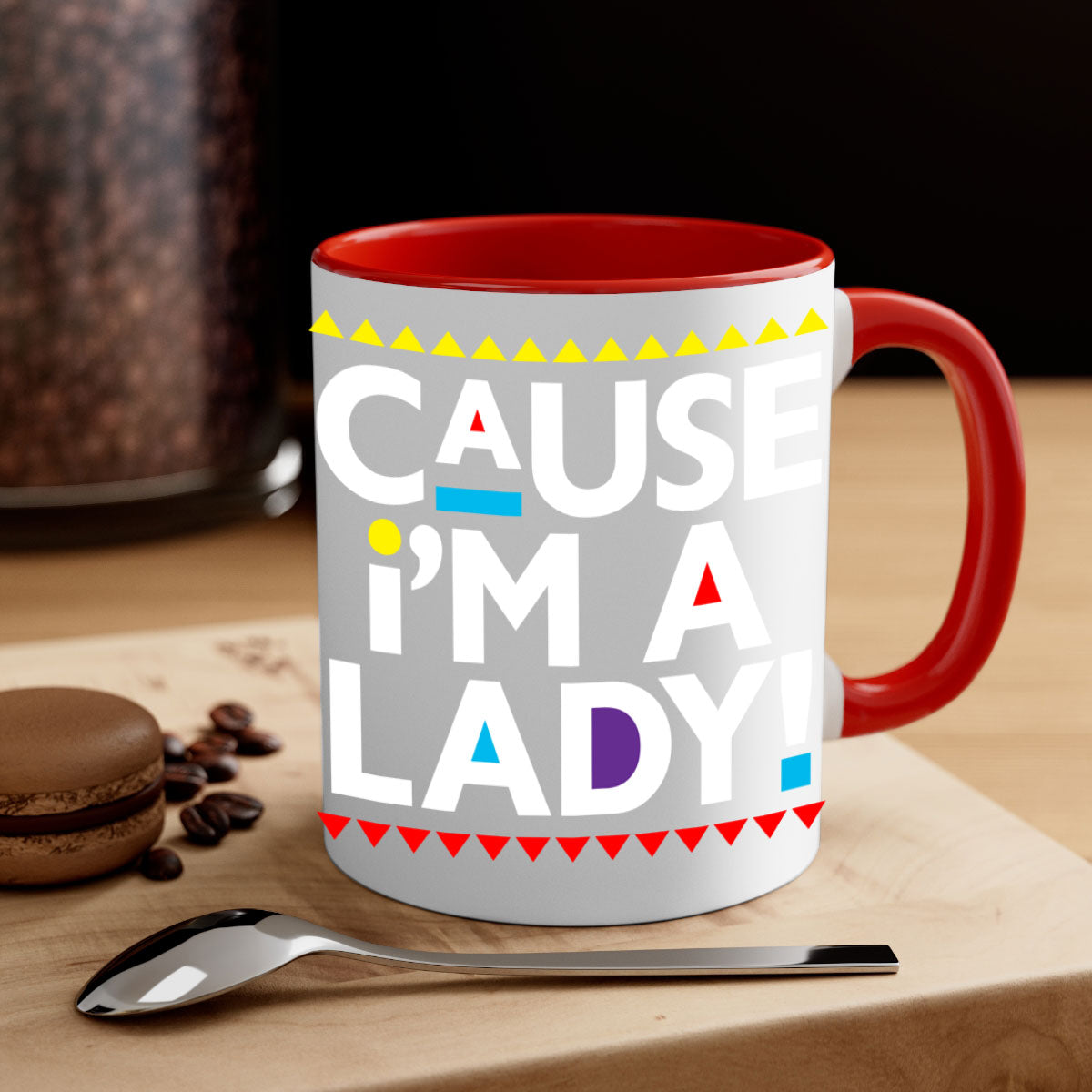 Causeimalady 189# black words phrases mug with colored handle and glossy finish, available in multiple colors and sizes.