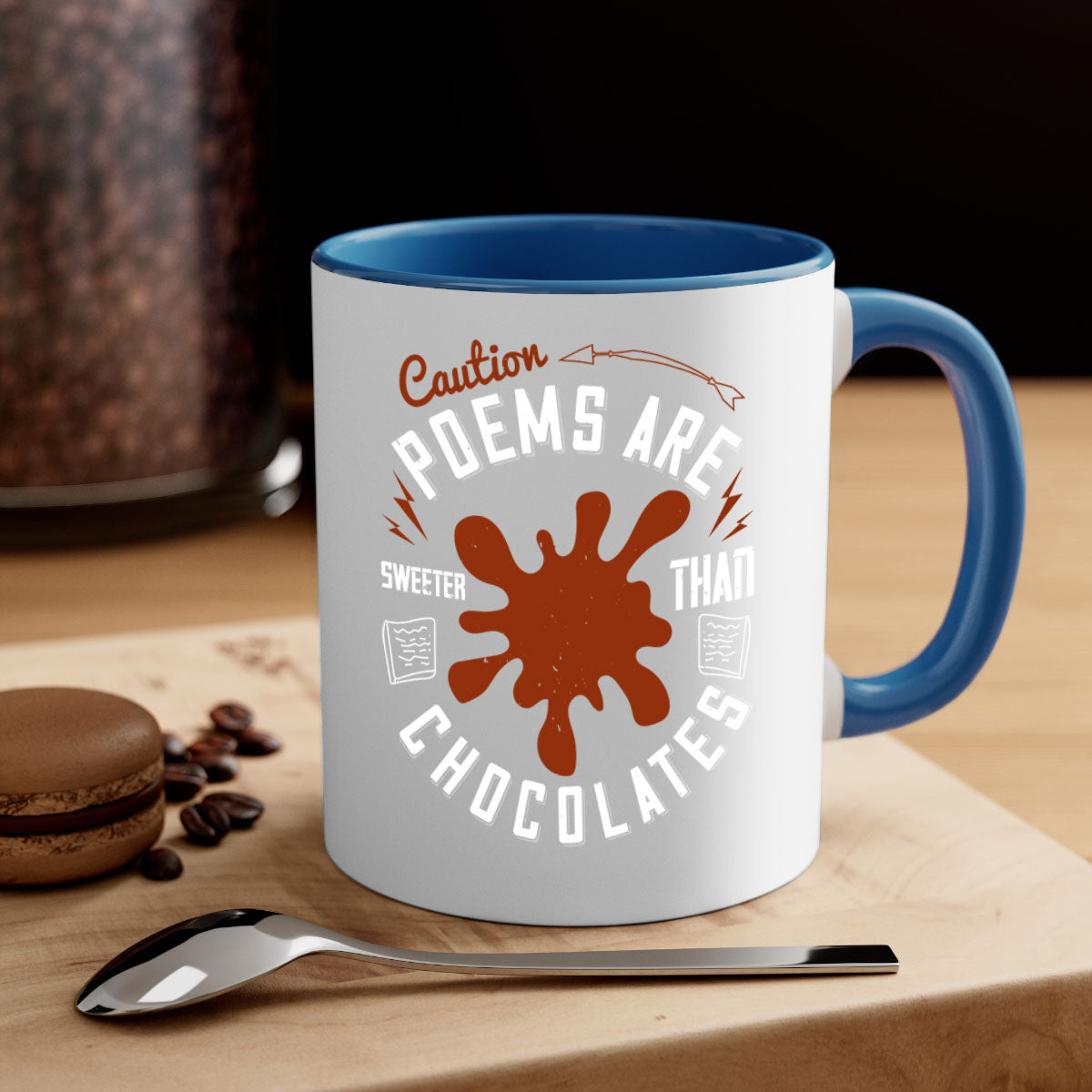 Caution Poems Are Sweeter Than Chocolates Mug with colorful handle and interior, showcasing its glossy finish and two-tone design.