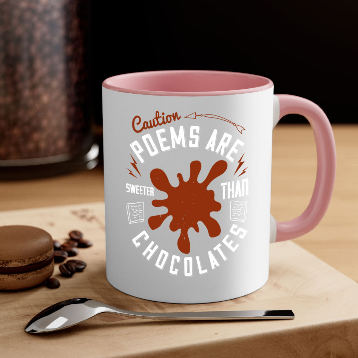 Caution Poems Are Sweeter Than Chocolates Mug with colorful handle and interior, showcasing its glossy finish and two-tone design.