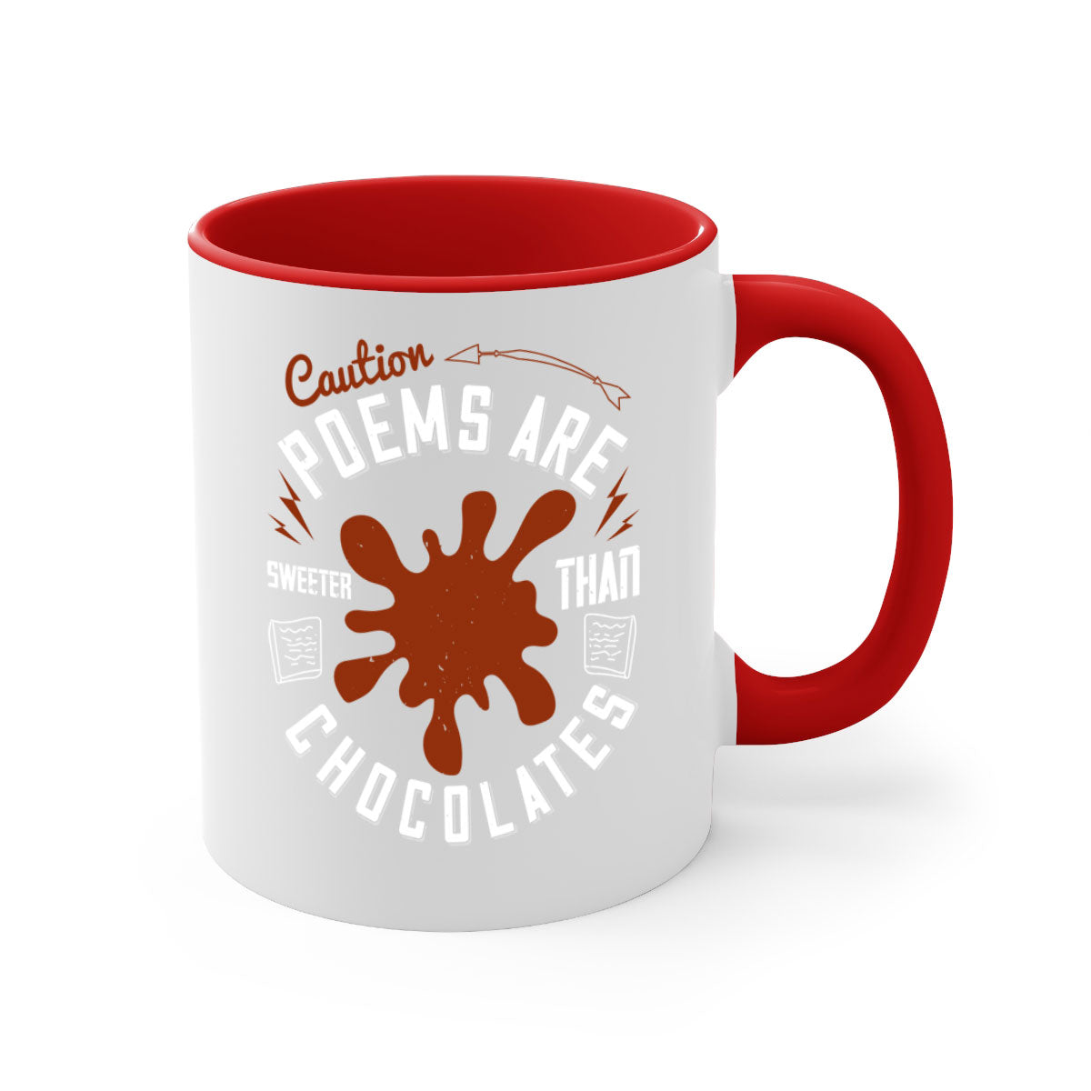 Caution Poems Are Sweeter Than Chocolates Mug with colorful handle and interior, showcasing its glossy finish and two-tone design.