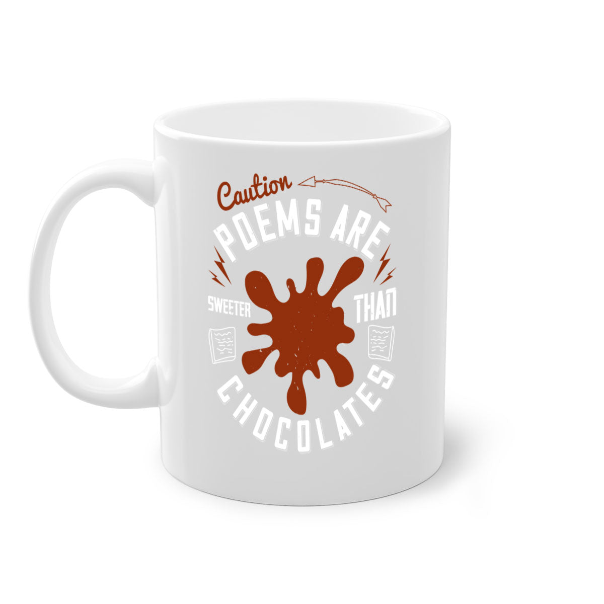 Caution Poems Are Sweeter Than Chocolates Mug with colorful handle and interior, showcasing its glossy finish and two-tone design.