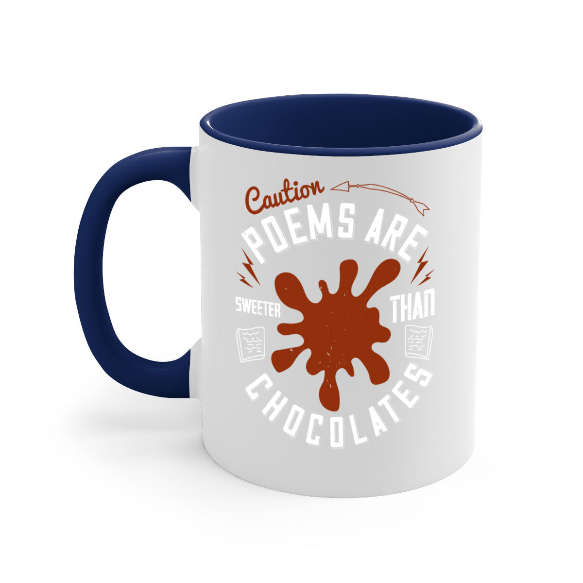 Caution Poems Are Sweeter Than Chocolates Mug with colorful handle and interior, showcasing its glossy finish and two-tone design.