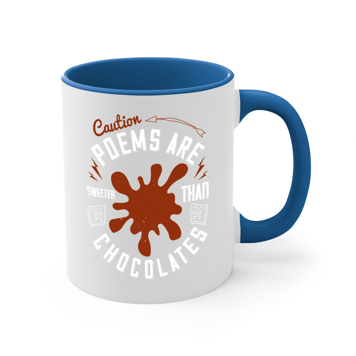 Caution Poems Are Sweeter Than Chocolates Mug with colorful handle and interior, showcasing its glossy finish and two-tone design.