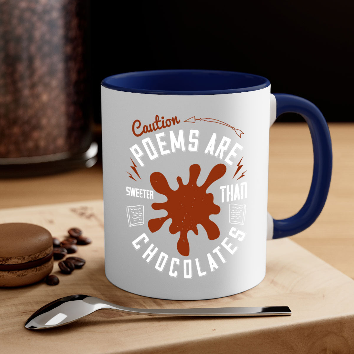 Caution Poems Are Sweeter Than Chocolates Mug with colorful handle and interior, showcasing its glossy finish and two-tone design.