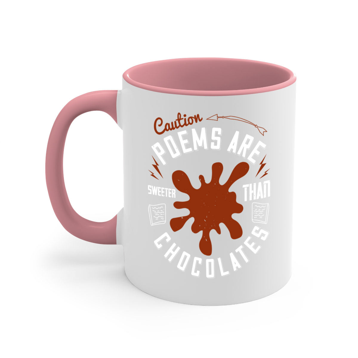 Caution Poems Are Sweeter Than Chocolates Mug with colorful handle and interior, showcasing its glossy finish and two-tone design.