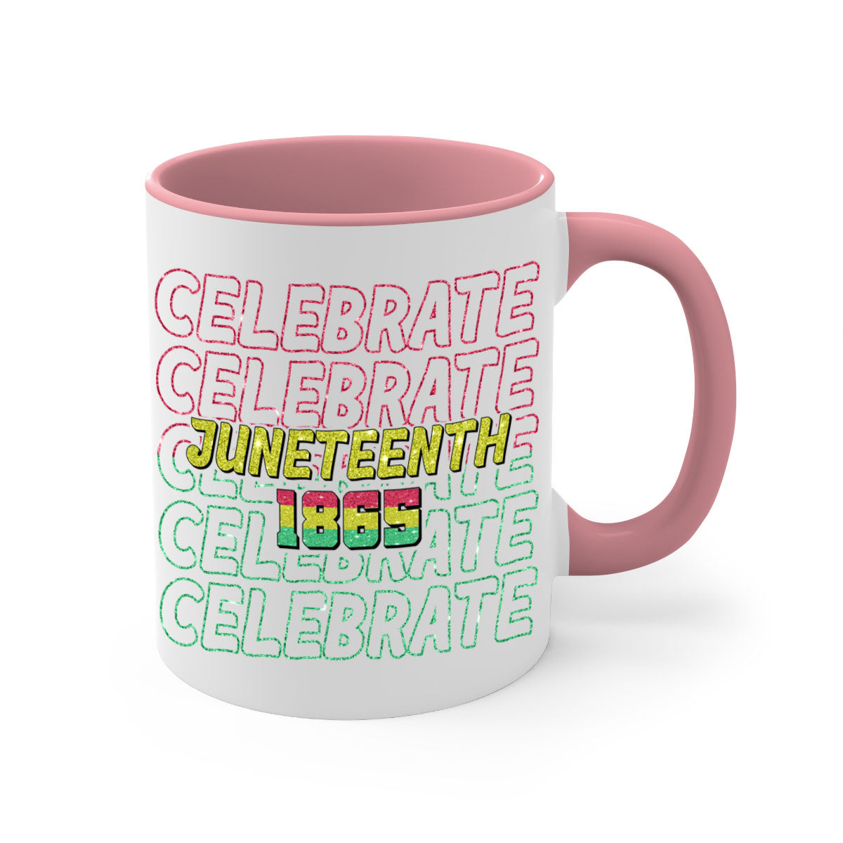 Celebrate Juneteenth Since 1865 mug with colorful handle and glossy finish, available in multiple colors and sizes.