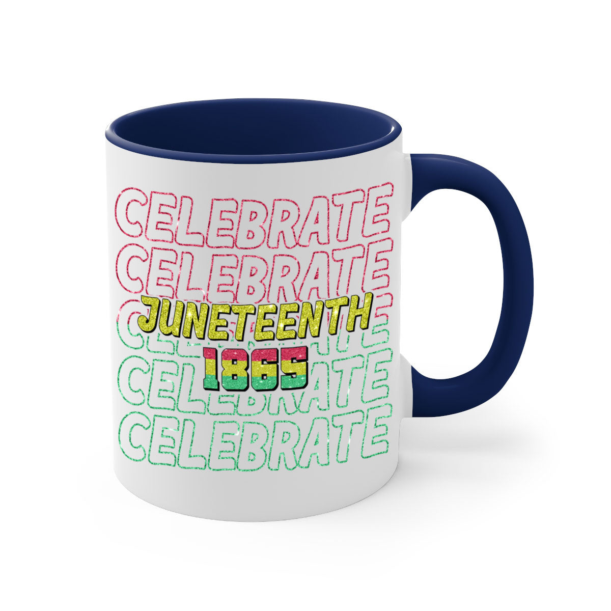 Celebrate Juneteenth Since 1865 mug with colorful handle and glossy finish, available in multiple colors and sizes.