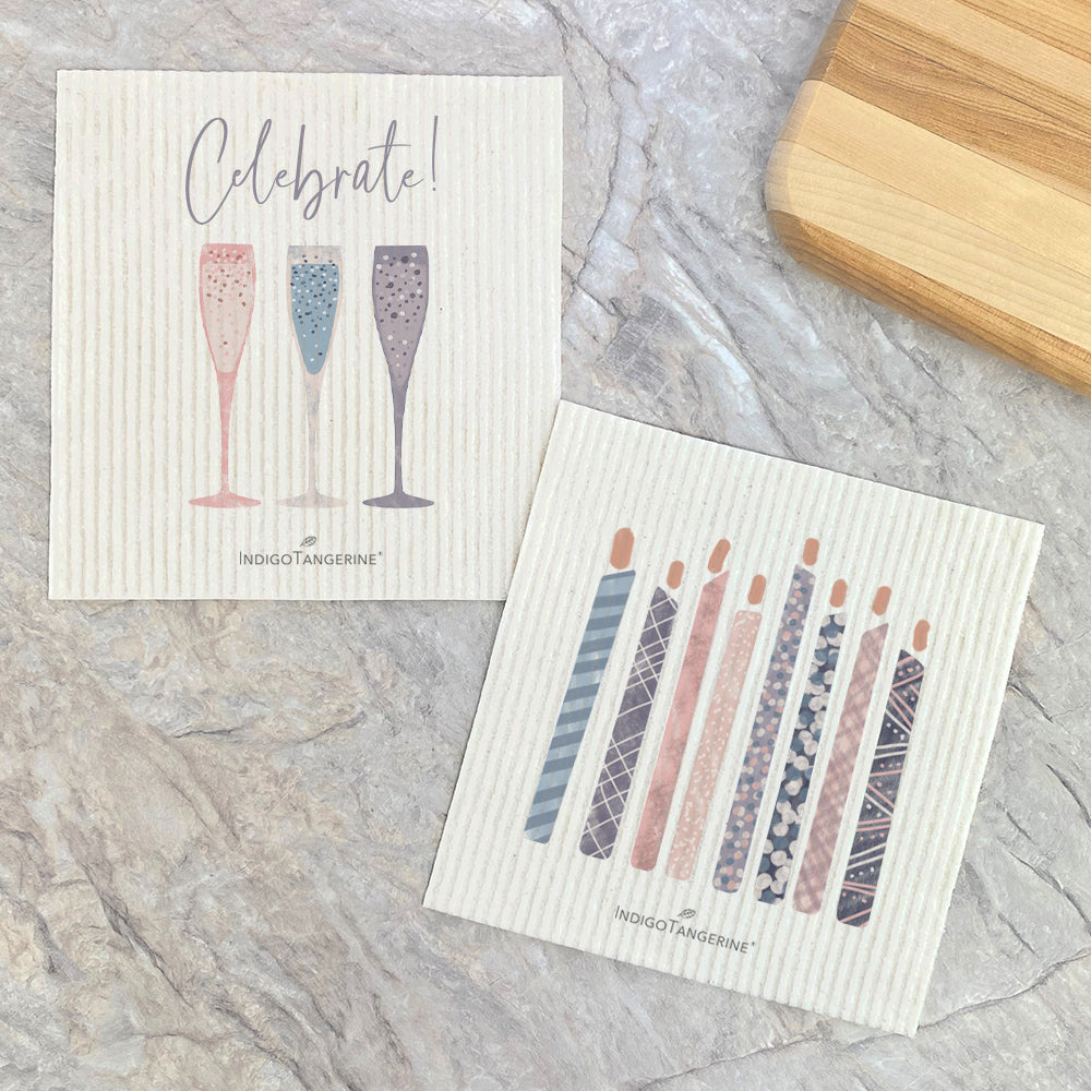 Celebrate Champagne and Party Candles themed Swedish dish cloths, eco-friendly and stylish for kitchen use.
