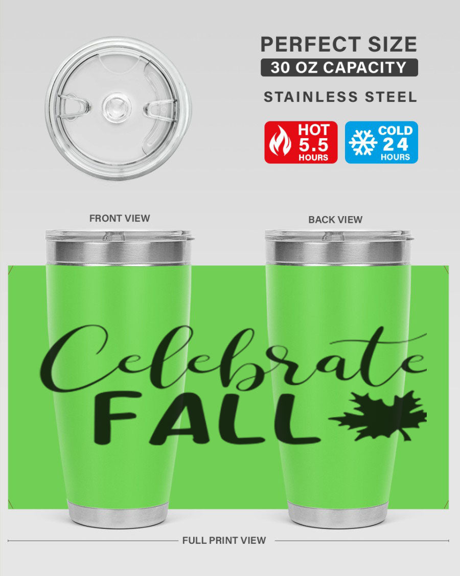 Celebrate Fall 20oz Tumbler made of stainless steel with a festive autumn design, featuring a drink-thru lid.