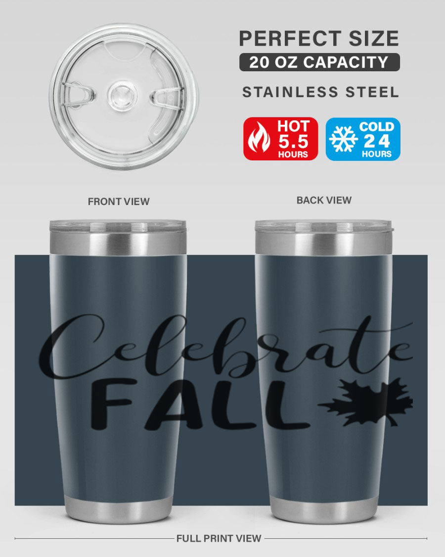 Celebrate Fall 20oz Tumbler made of stainless steel with a festive autumn design, featuring a drink-thru lid.