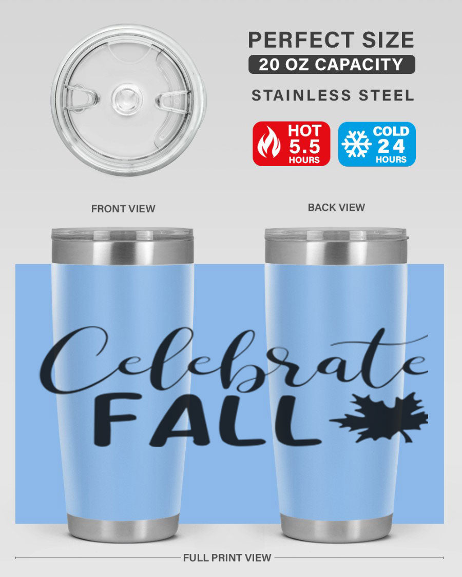 Celebrate Fall 20oz Tumbler made of stainless steel with a festive autumn design, featuring a drink-thru lid.