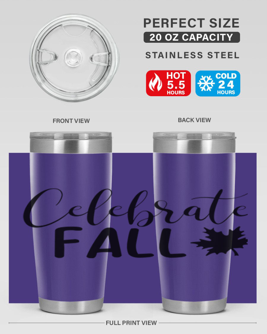 Celebrate Fall 20oz Tumbler made of stainless steel with a festive autumn design, featuring a drink-thru lid.