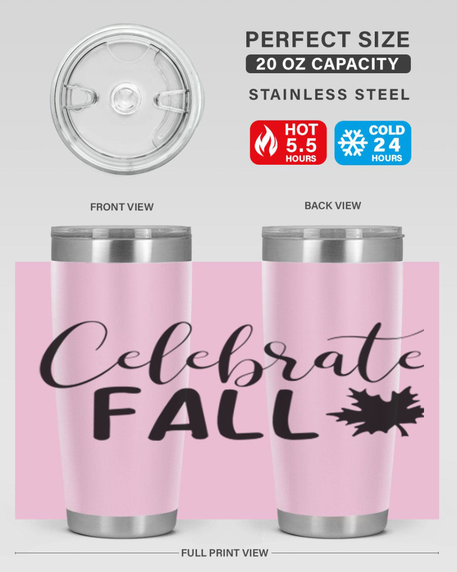 Celebrate Fall 20oz Tumbler made of stainless steel with a festive autumn design, featuring a drink-thru lid.