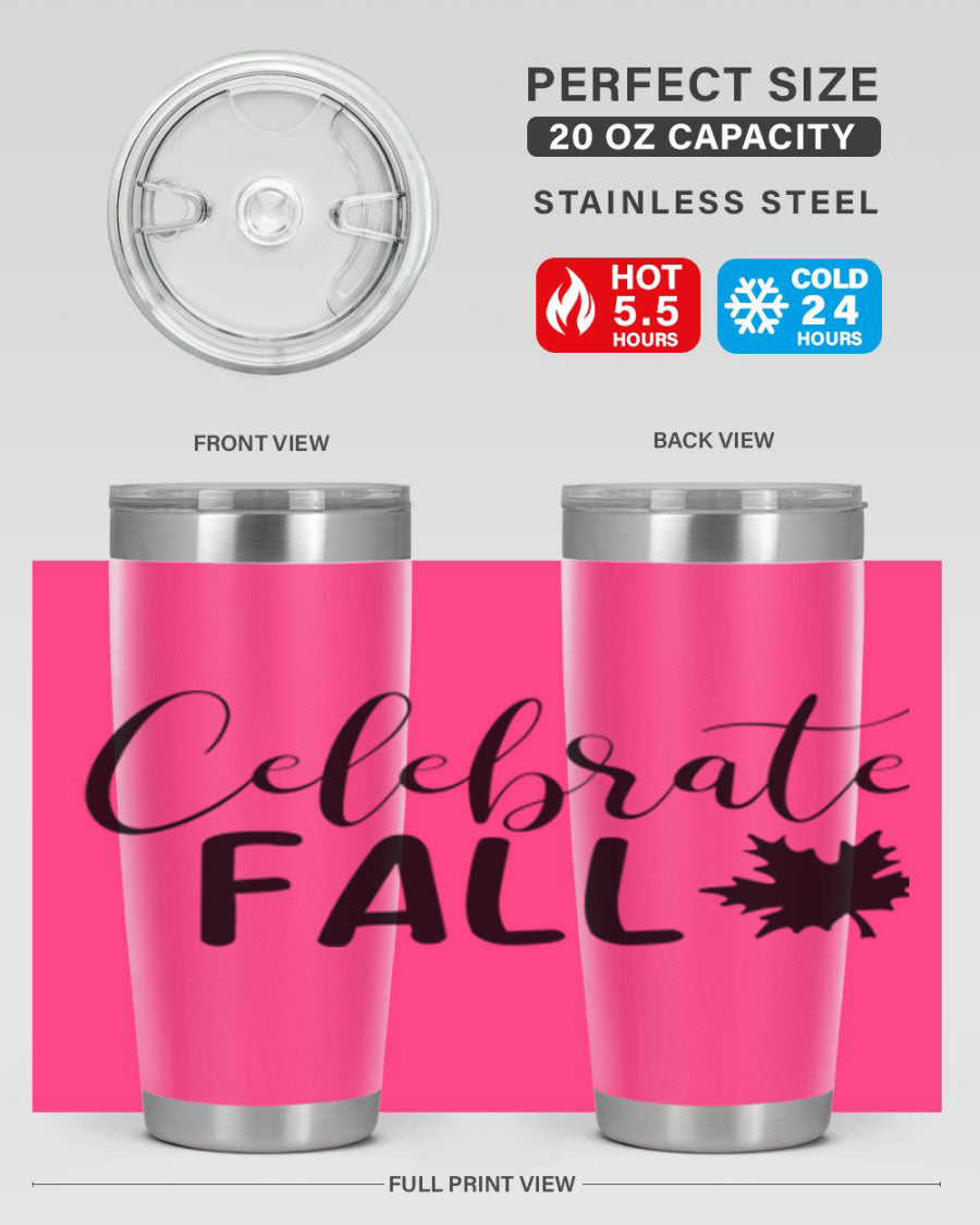 Celebrate Fall 20oz Tumbler made of stainless steel with a festive autumn design, featuring a drink-thru lid.