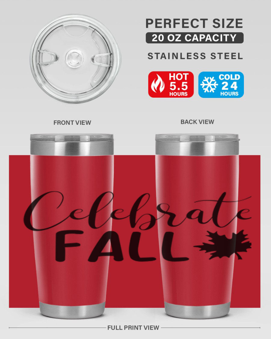Celebrate Fall 20oz Tumbler made of stainless steel with a festive autumn design, featuring a drink-thru lid.
