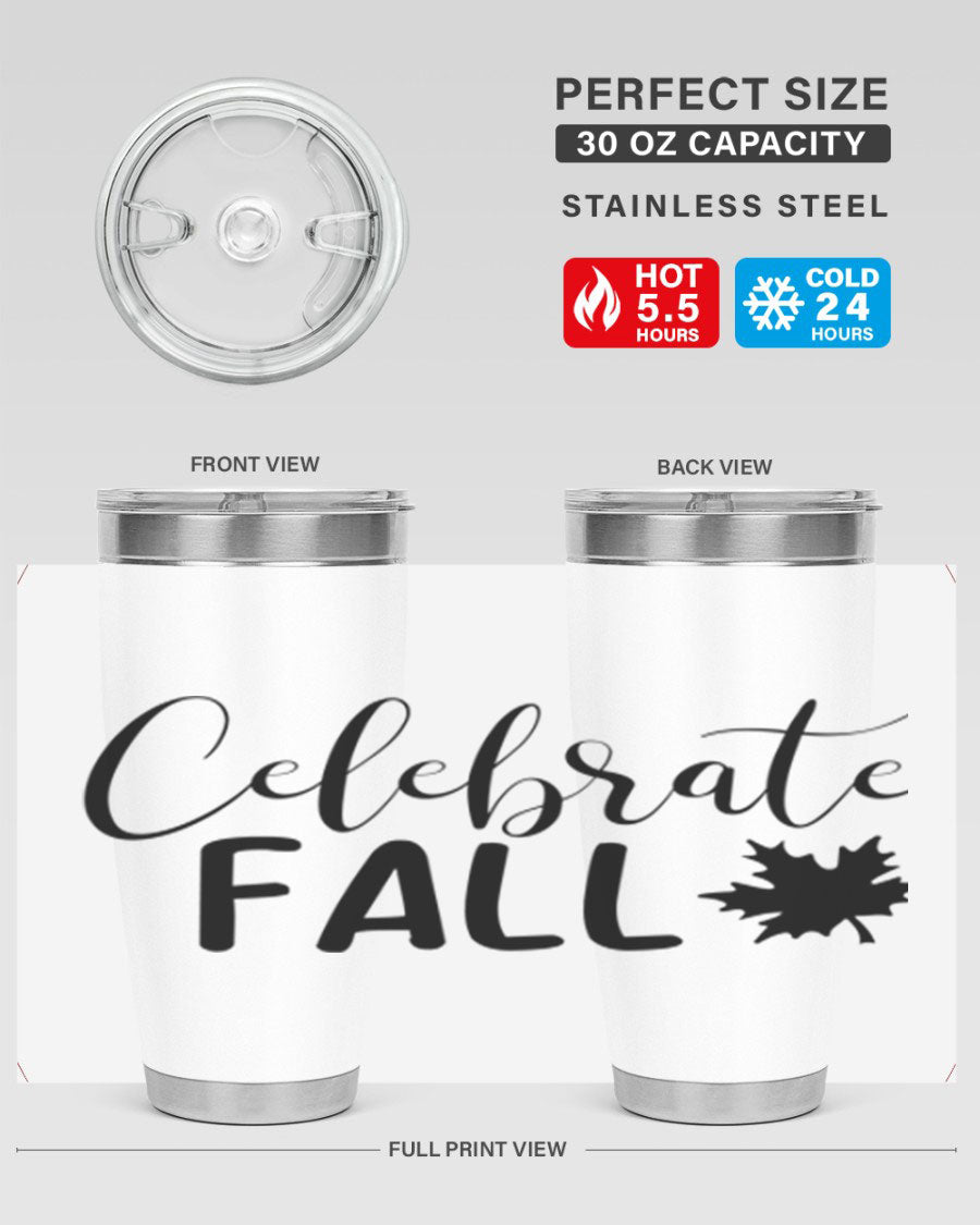 Celebrate Fall 20oz Tumbler made of stainless steel with a festive autumn design, featuring a drink-thru lid.
