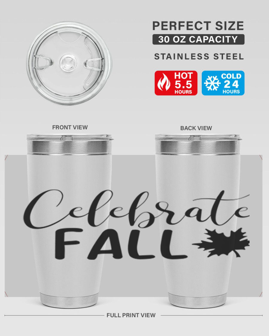 Celebrate Fall 20oz Tumbler made of stainless steel with a festive autumn design, featuring a drink-thru lid.