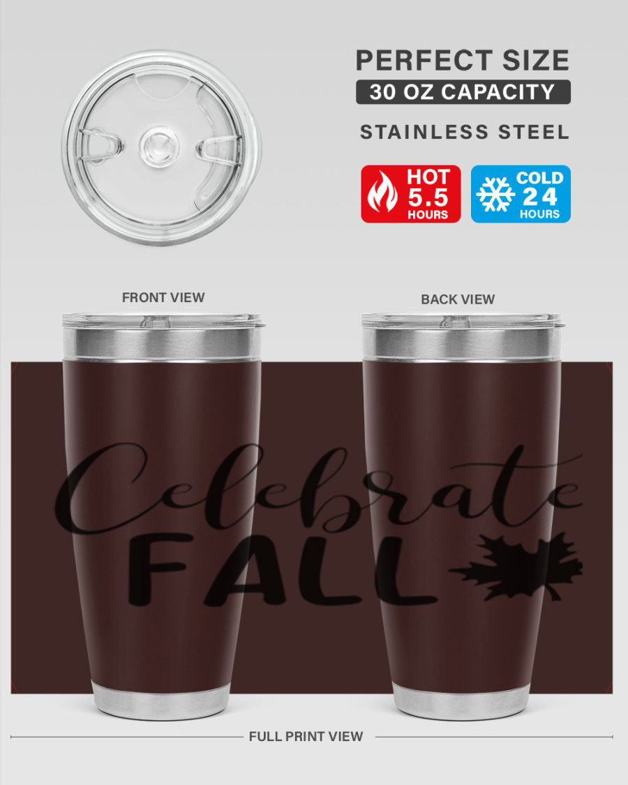 Celebrate Fall 20oz Tumbler made of stainless steel with a festive autumn design, featuring a drink-thru lid.