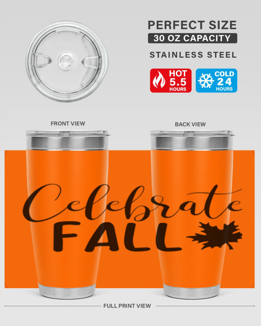Celebrate Fall 20oz Tumbler made of stainless steel with a festive autumn design, featuring a drink-thru lid.