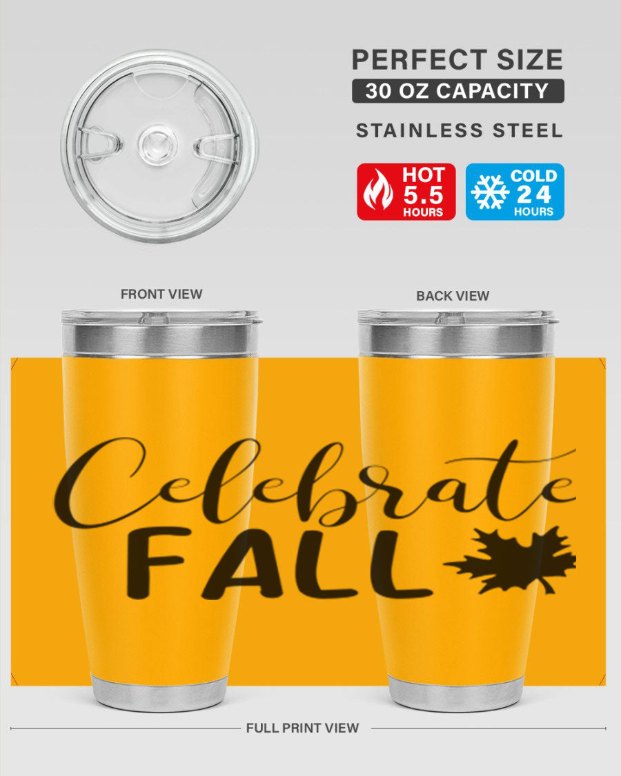 Celebrate Fall 20oz Tumbler made of stainless steel with a festive autumn design, featuring a drink-thru lid.