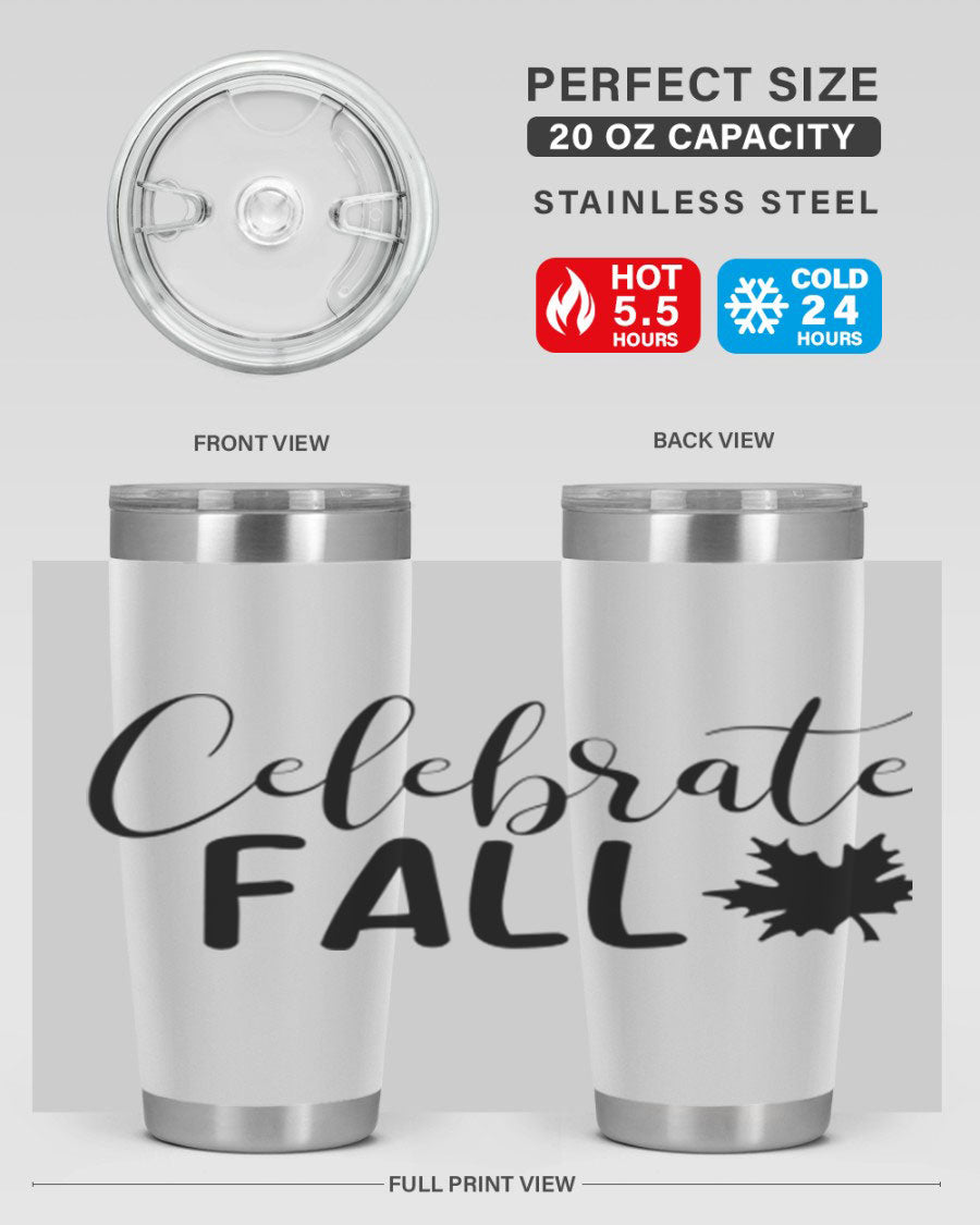 Celebrate Fall 20oz Tumbler made of stainless steel with a festive autumn design, featuring a drink-thru lid.