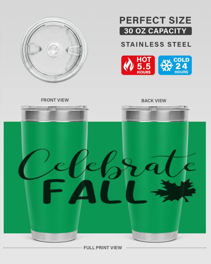 Celebrate Fall 20oz Tumbler made of stainless steel with a festive autumn design, featuring a drink-thru lid.