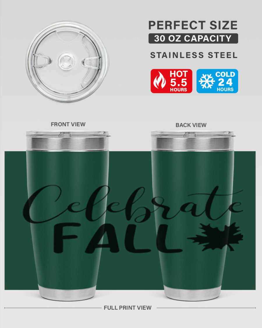 Celebrate Fall 20oz Tumbler made of stainless steel with a festive autumn design, featuring a drink-thru lid.