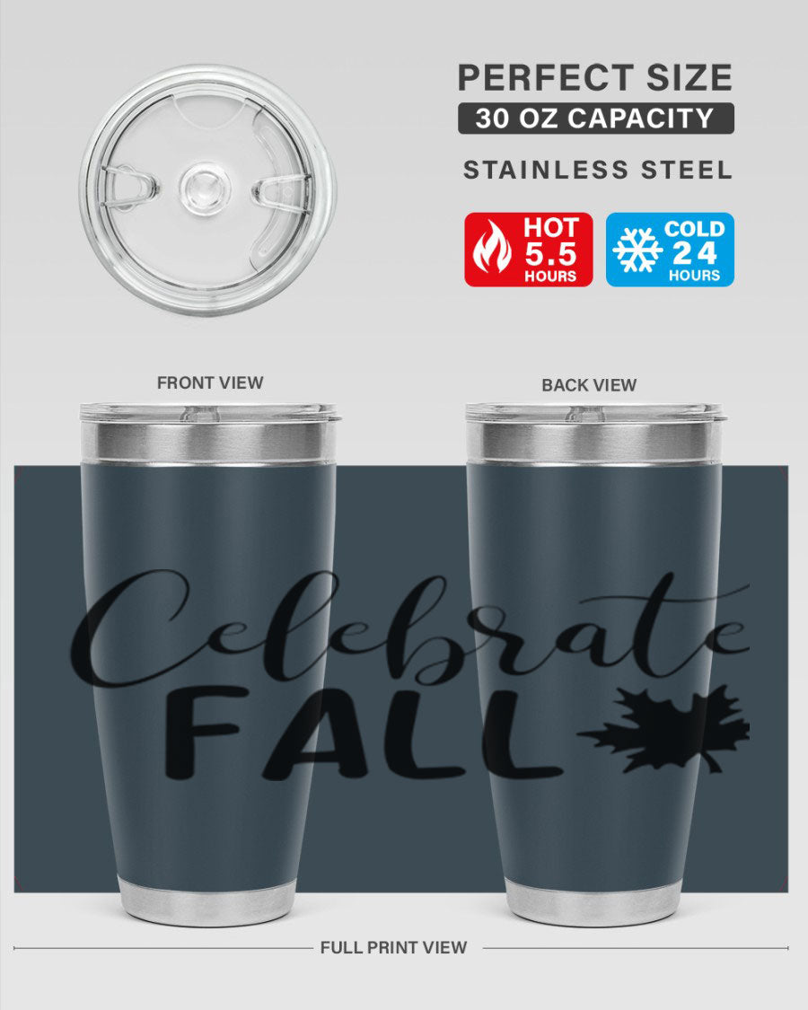 Celebrate Fall 20oz Tumbler made of stainless steel with a festive autumn design, featuring a drink-thru lid.