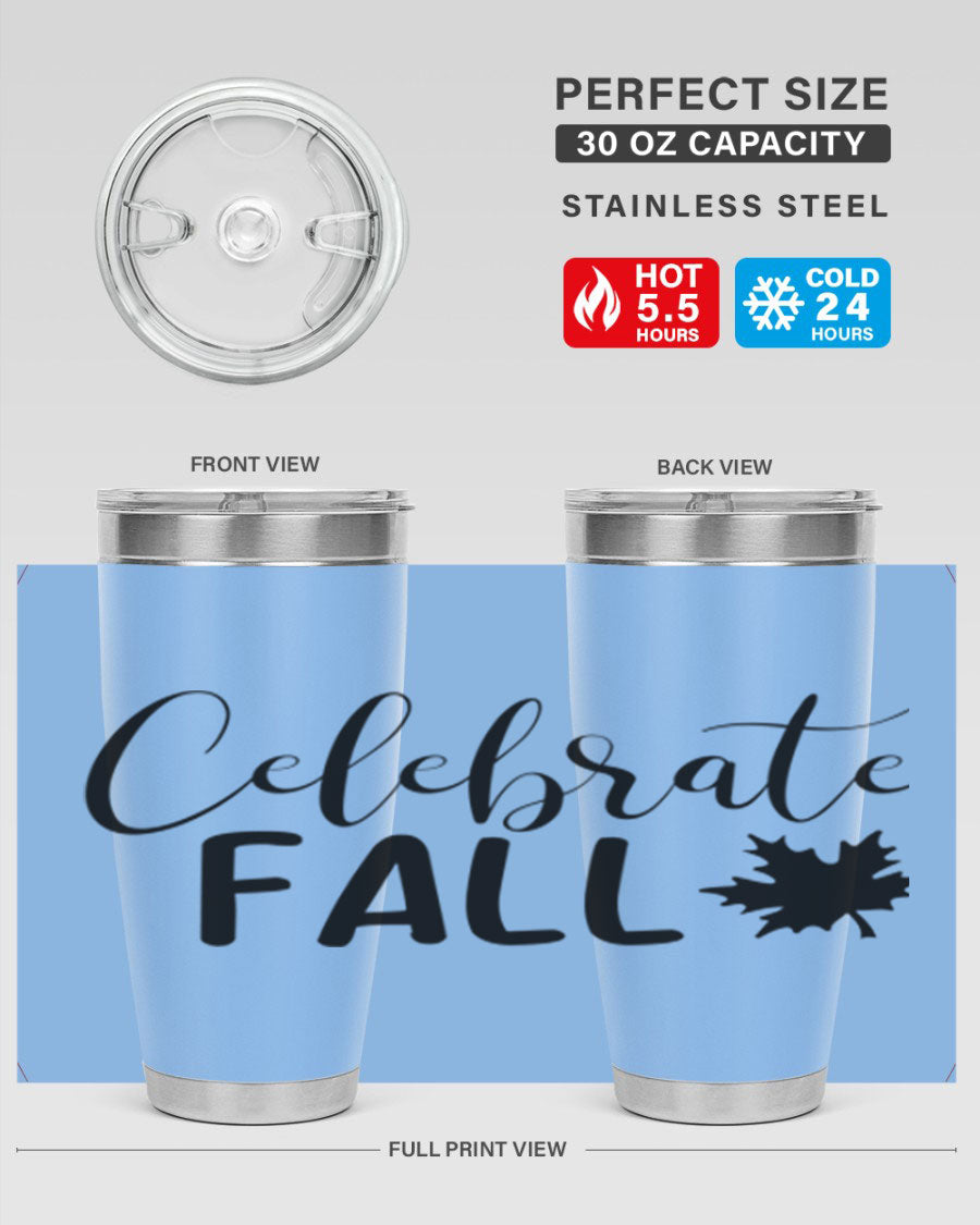 Celebrate Fall 20oz Tumbler made of stainless steel with a festive autumn design, featuring a drink-thru lid.