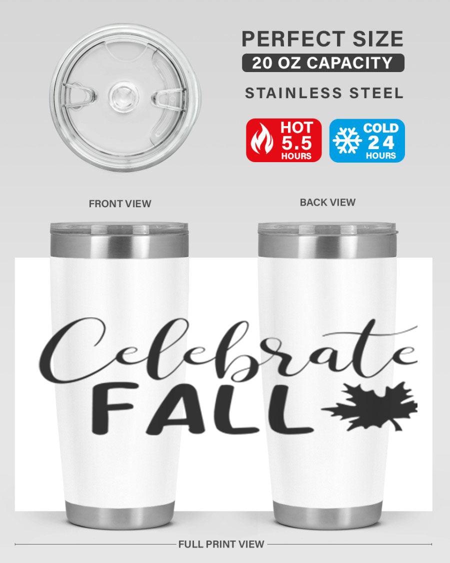 Celebrate Fall 20oz Tumbler made of stainless steel with a festive autumn design, featuring a drink-thru lid.