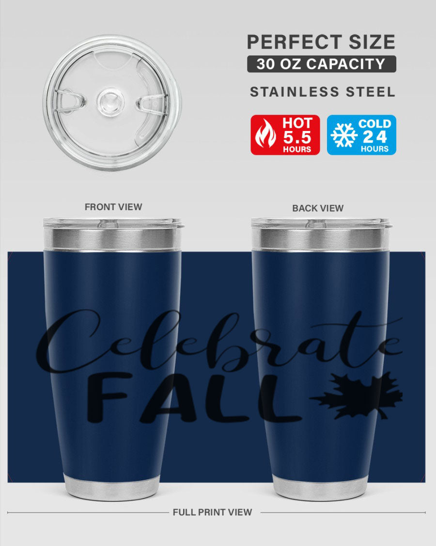 Celebrate Fall 20oz Tumbler made of stainless steel with a festive autumn design, featuring a drink-thru lid.