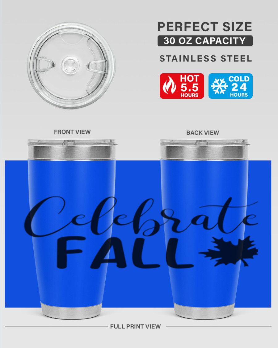 Celebrate Fall 20oz Tumbler made of stainless steel with a festive autumn design, featuring a drink-thru lid.