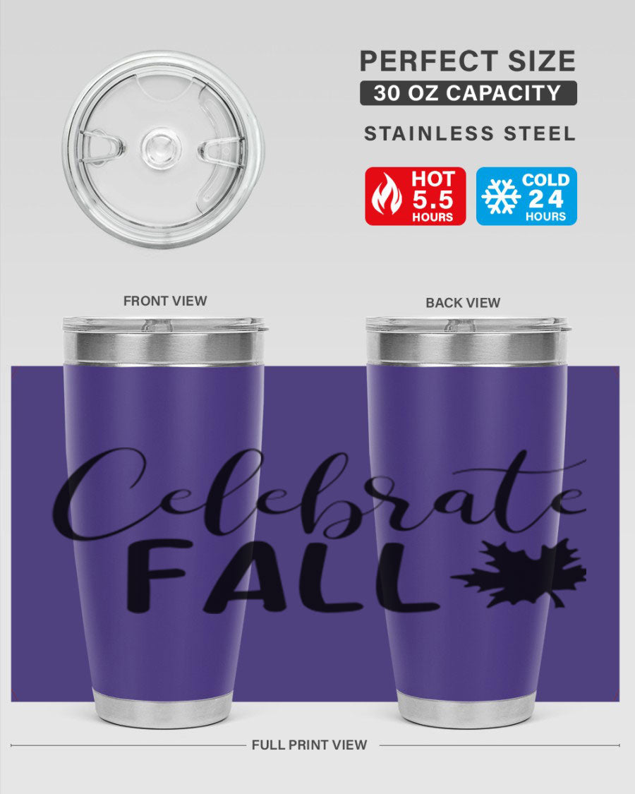 Celebrate Fall 20oz Tumbler made of stainless steel with a festive autumn design, featuring a drink-thru lid.