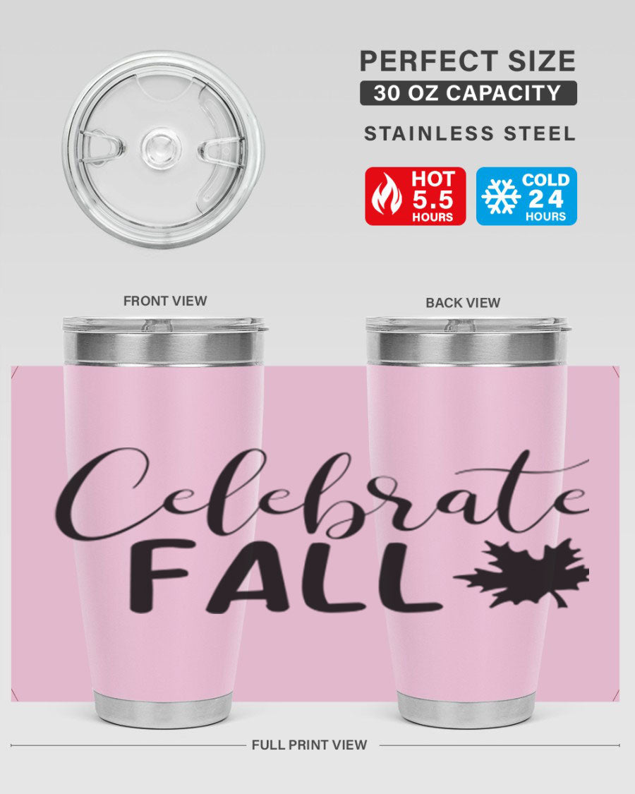 Celebrate Fall 20oz Tumbler made of stainless steel with a festive autumn design, featuring a drink-thru lid.